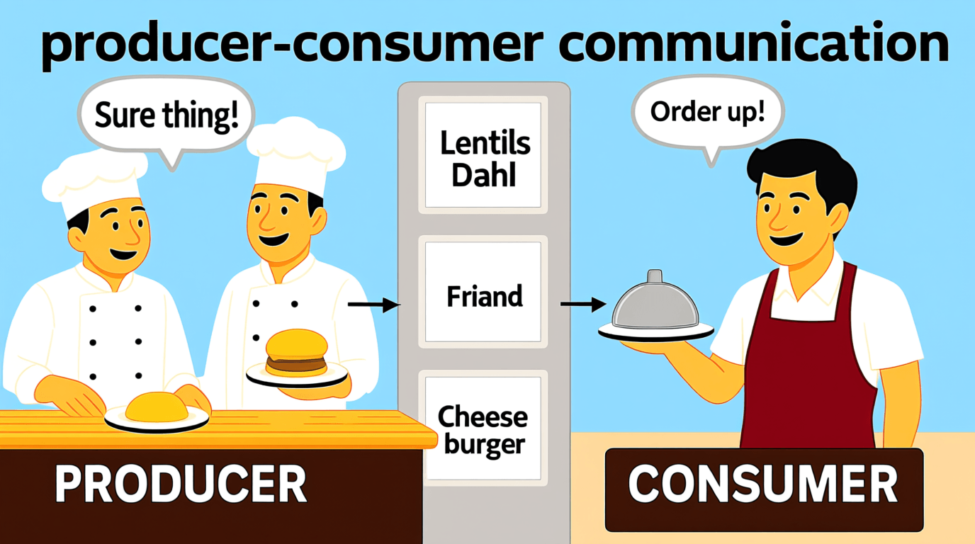 Restaurant kitchen analogy for producer-consumer pattern showing chefs (consumers) working from a ticket rail (task queue) coordinated by a head chef (scheduler)