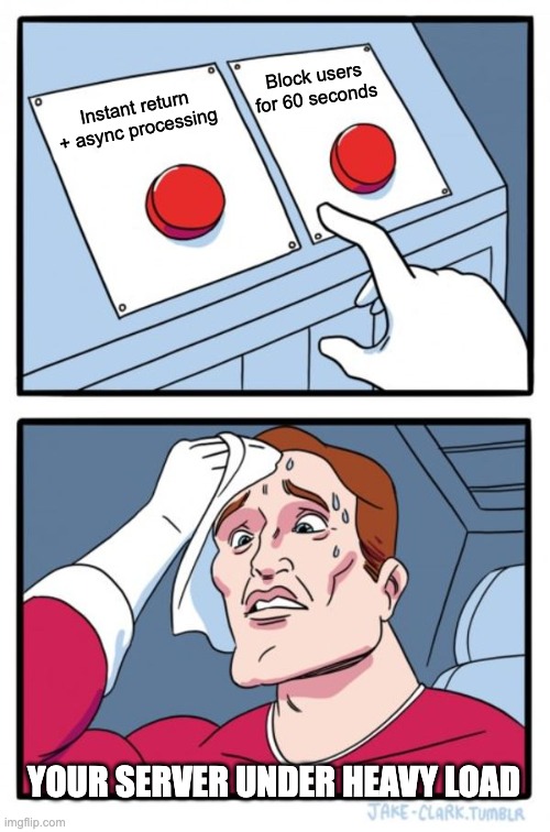 Async processing meme showing relaxed user while background processing happens