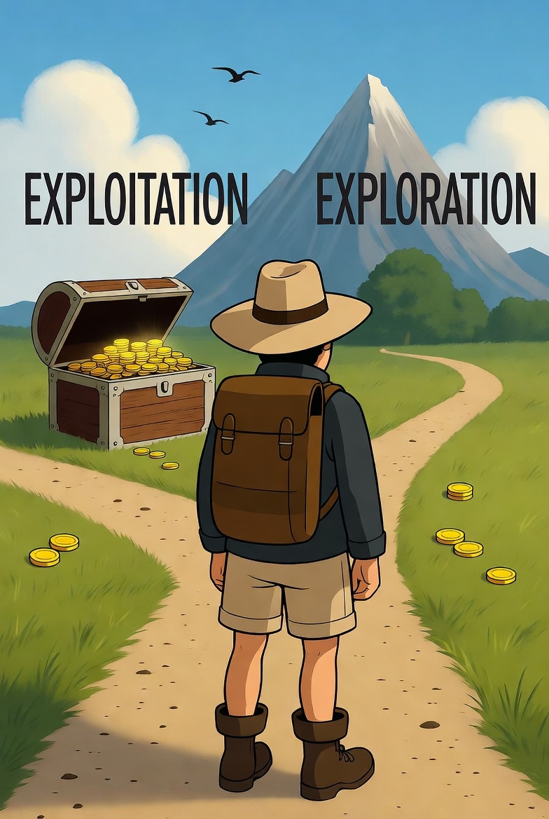 Exploration vs Exploitation trade-off cartoon